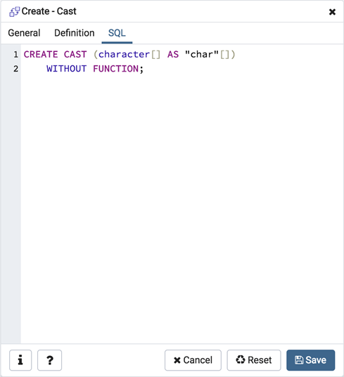 Cast dialog sql tab