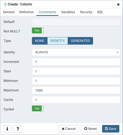 Column dialog constraints tab