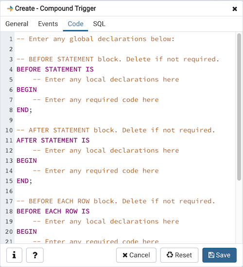 Compound Trigger dialog code tab