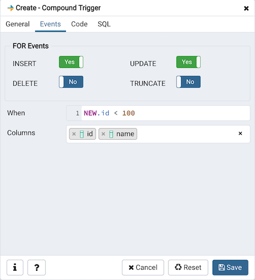 Compound Trigger dialog events tab