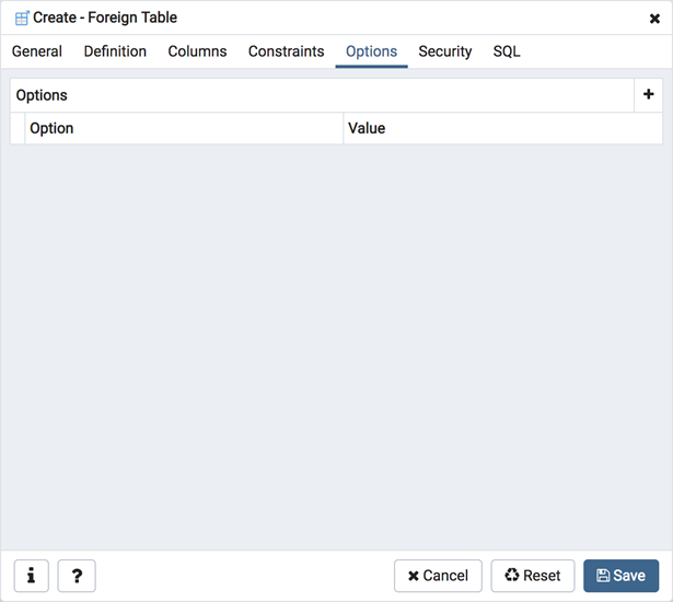 Foreign table dialog options tab