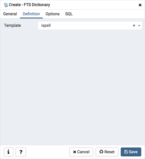 FTS dictionary dialog definition tab