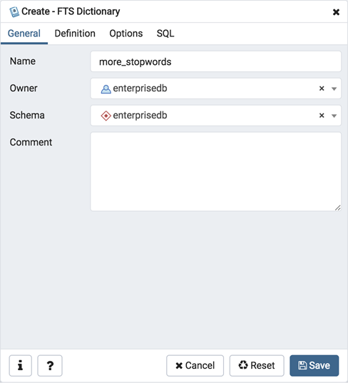 FTS dictionary dialog general tab