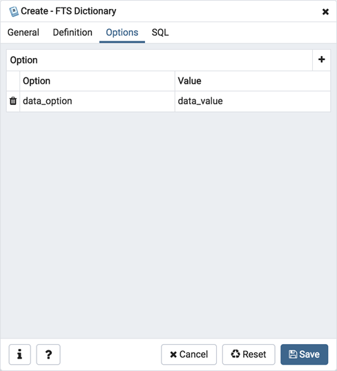 FTS dictionary dialog options tab