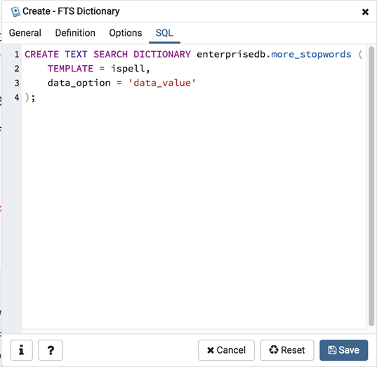 FTS dictionary dialog sql tab
