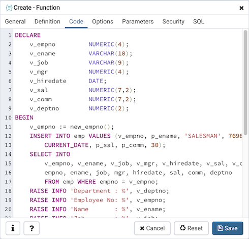 Function dialog code tab
