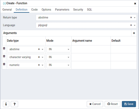 Function dialog definition tab