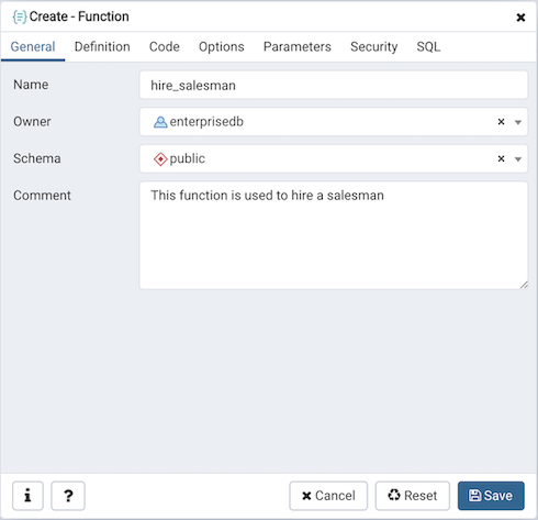 Function dialog general tab