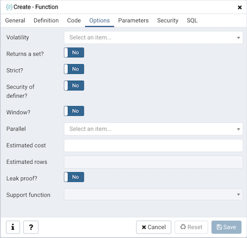 Function dialog options tab