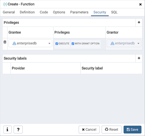 Function dialog security tab