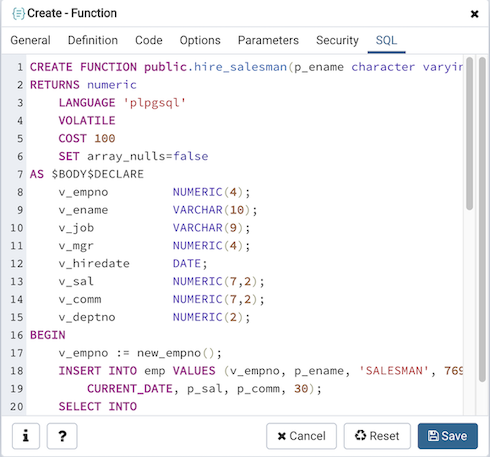 Function dialog sql tab