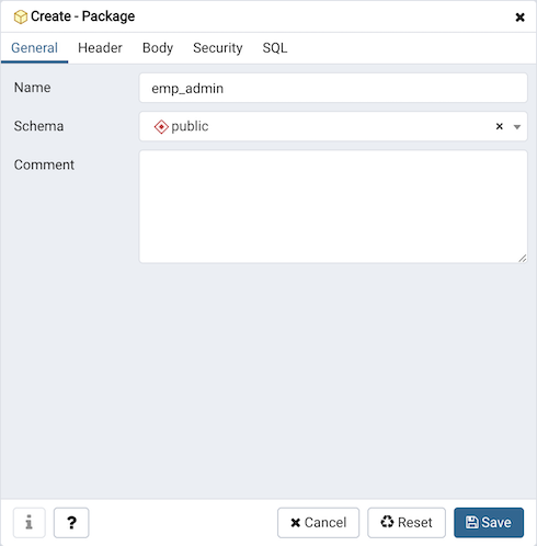Package dialog general tab