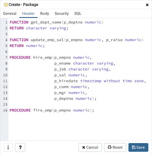 Package dialog header tab