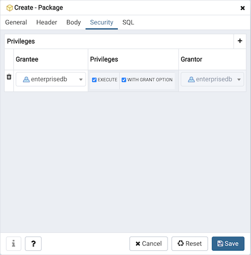 Package dialog security tab
