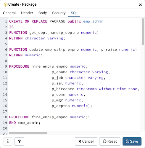 Package dialog sql tab