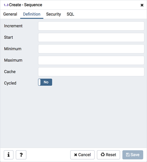 Sequence dialog definition tab