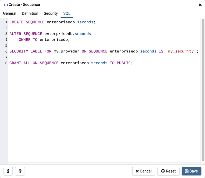 Sequence dialog sql tab