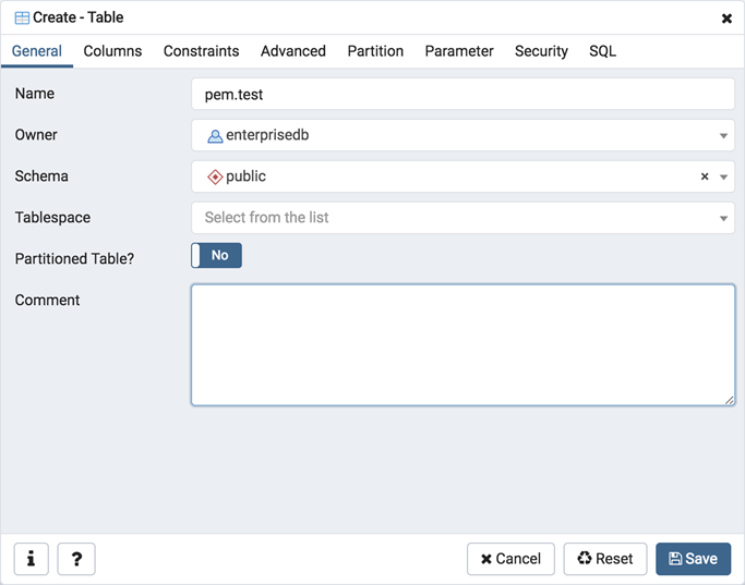 Table dialog general tab